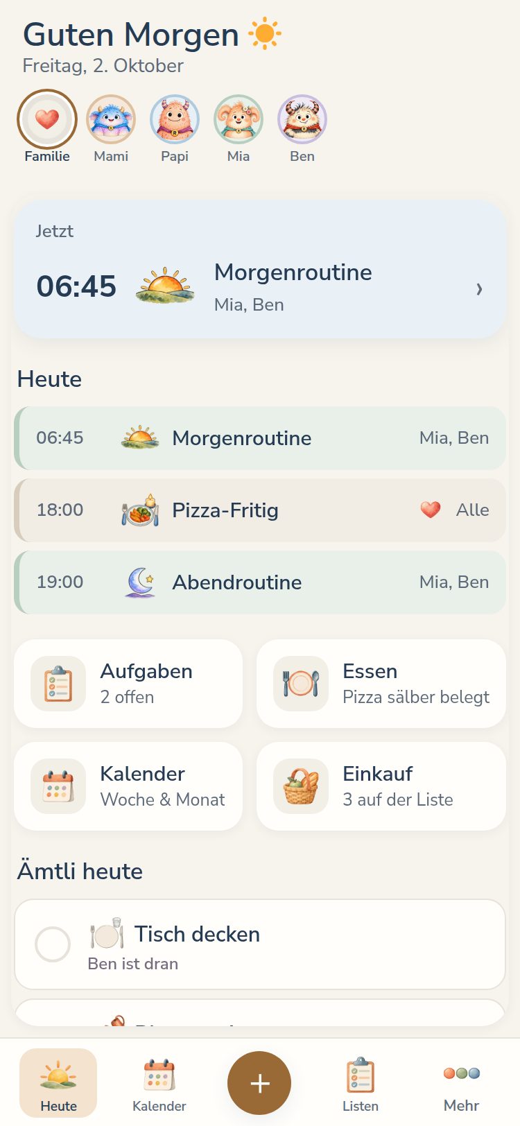Der Familienplaner am Handy: Guten Morgen, die Familie oben, darunter Als Nächstes, der Tag als Liste, Schnellzugriffe auf Aufgaben, Essen, Kalender und Einkauf