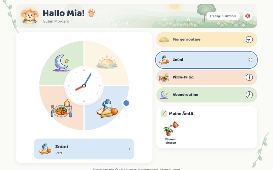 Der Tageskreis am Tablet: Mias Monsterchen oben, der Tag als Kreis aus Bildern für Morgenroutine, Znüni, Pizza-Abend und Abendroutine, in der Mitte eine kleine Zeiger-Uhr, daneben der Tag als Pastell-Zeilen und Mias Ämtli «Blumen giessen» als Bild