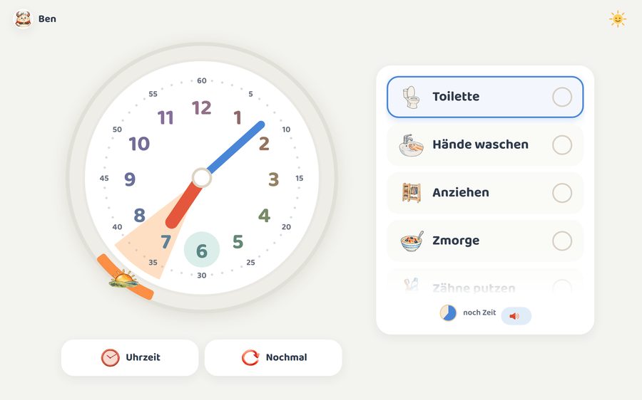 Die RoutineUhr am Tablet mit laufender Morgenroutine: analoge Uhr mit farbigen Ziffern, der orange Routine-Bogen auf dem Zifferblatt, rechts die Schritte Toilette, Hände waschen, Anziehen und Zmorge als grosse Karten mit Bildern zum Abhaken
