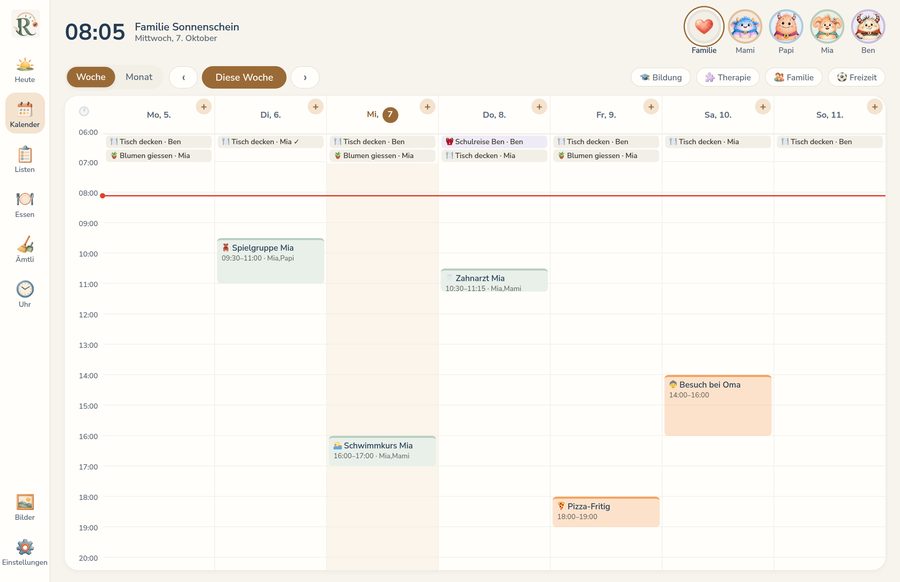 Der Familienplaner am Wandbildschirm: Wochenkalender mit Terminen als Farbblöcken in der Farbe der Person, oben am Tag Ämtli mit Reihum-Rotation, links die Bereiche Heute, Kalender, Aufgaben, Essen, Ämtli, Einkauf und Uhr